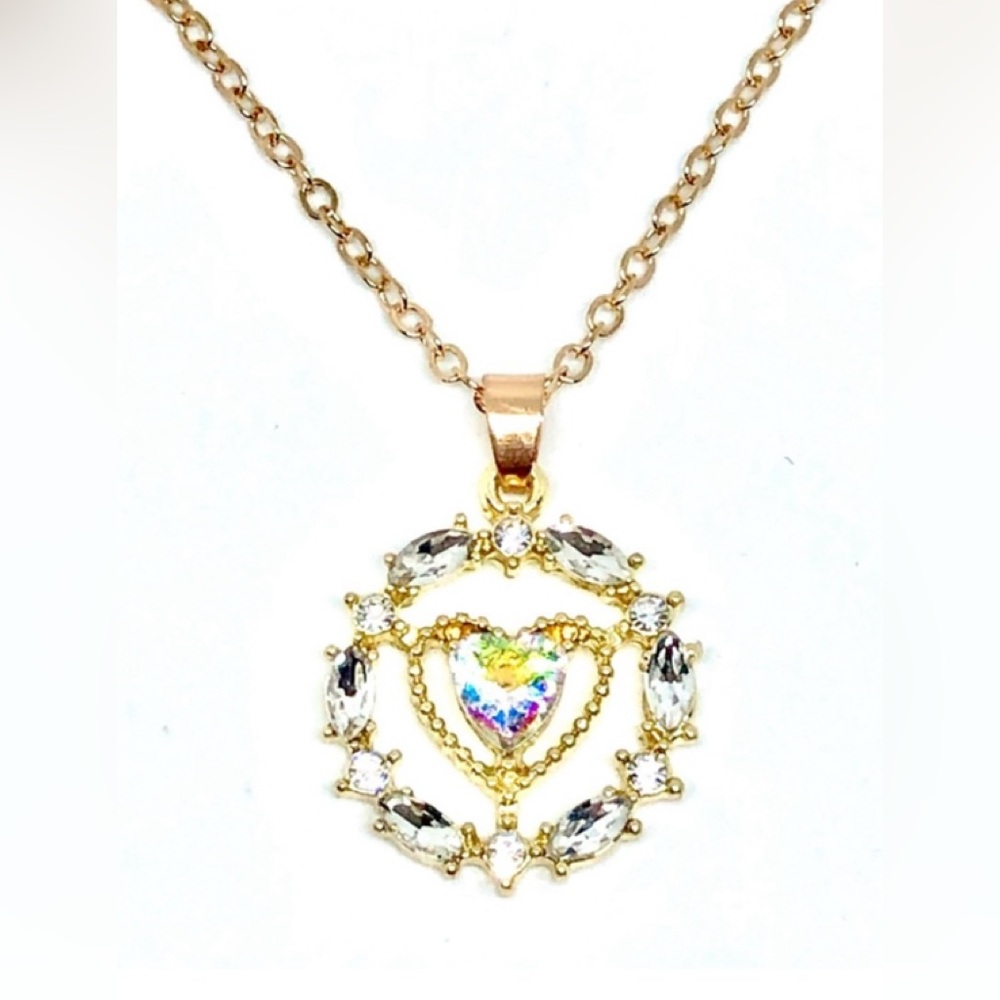 AB Rainbow and Clear Crystal Rhinestone Heart in Circle Pendant Chain Necklace